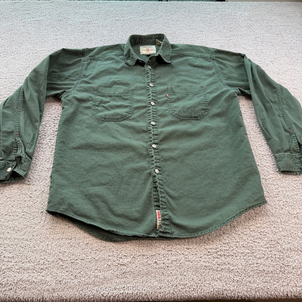 Vintage Levis Red Tab Mens Large Forest Green Distressed Cotton Workwear Shirt